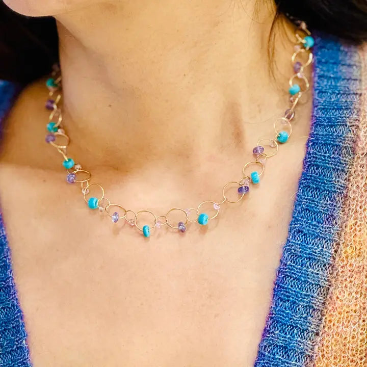 Turquoise Amethyst Circle Interlink Necklace